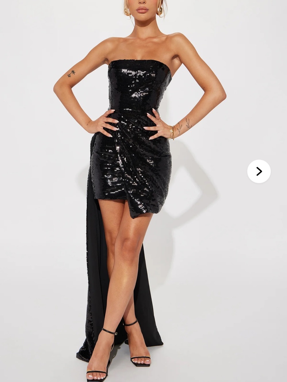 Fashion Nova Black Strapless Sequin Mini Dress with Draped Tail